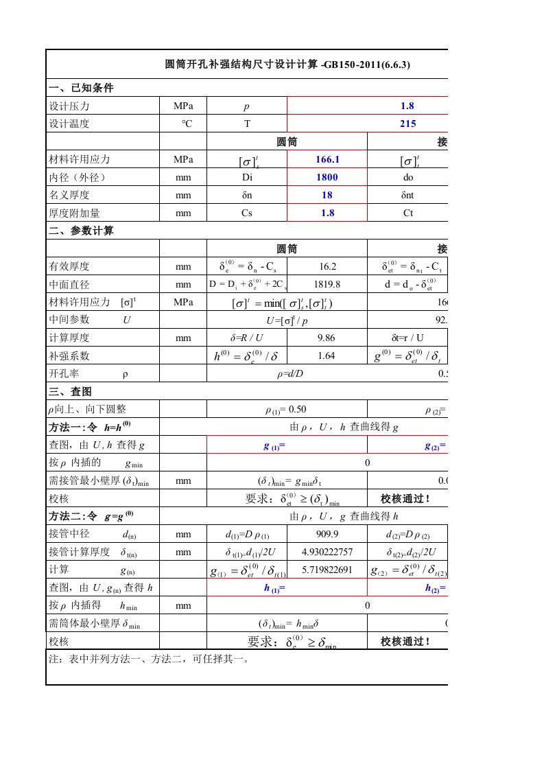 圆筒开孔补强结构尺寸设计计算表