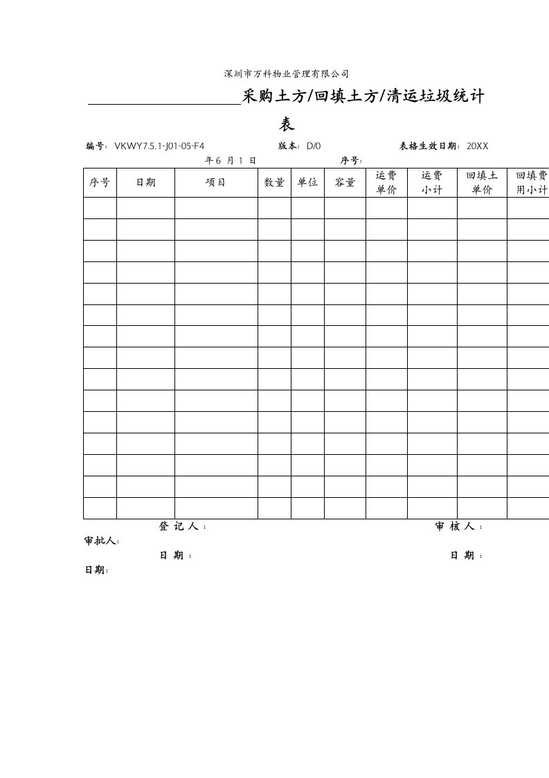 表格模板-751J0105F4采购土方回填土方清运垃圾统计表