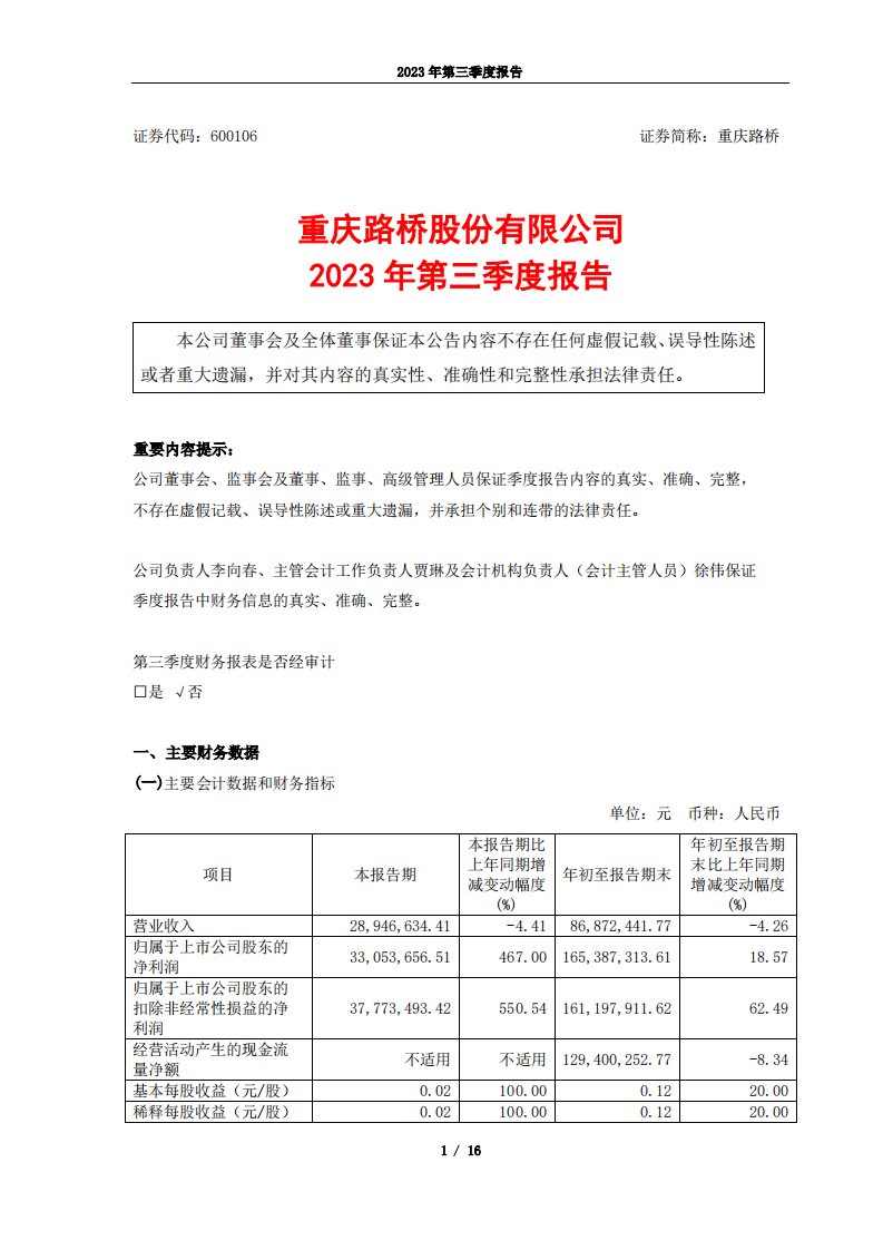 上交所-重庆路桥2023年第三季度报告-20231030