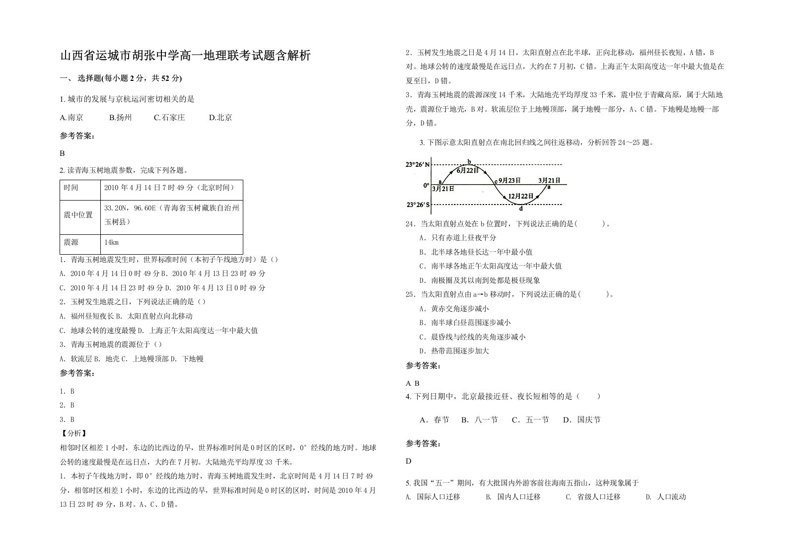 山西省运城市胡张中学高一地理联考试题含解析