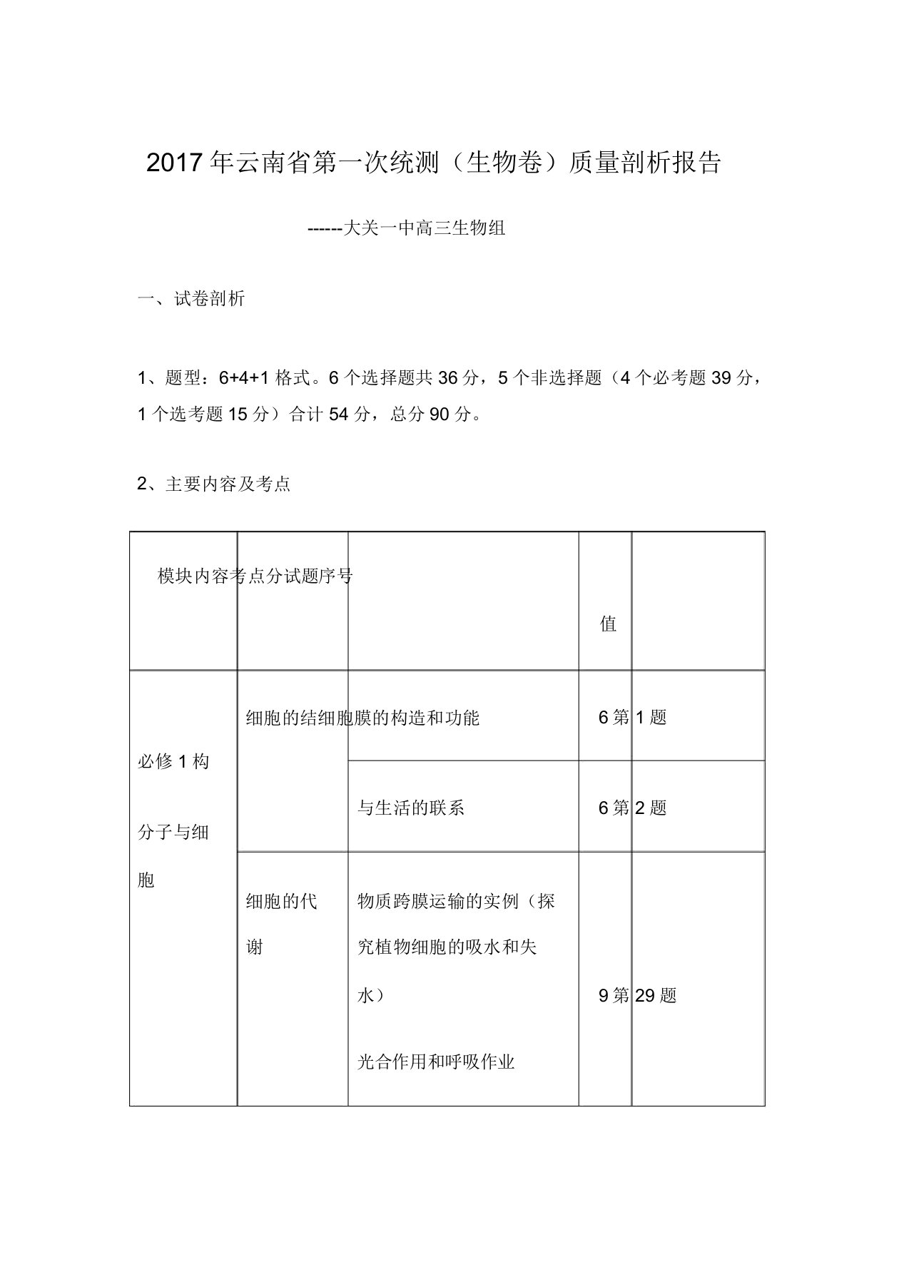 云南省第一次统测生物质量分析报告