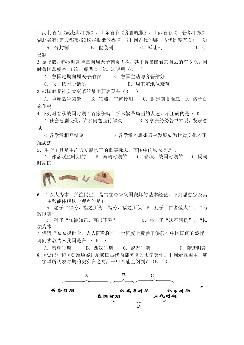 人教版九年级历史选择题难点、易混点100题