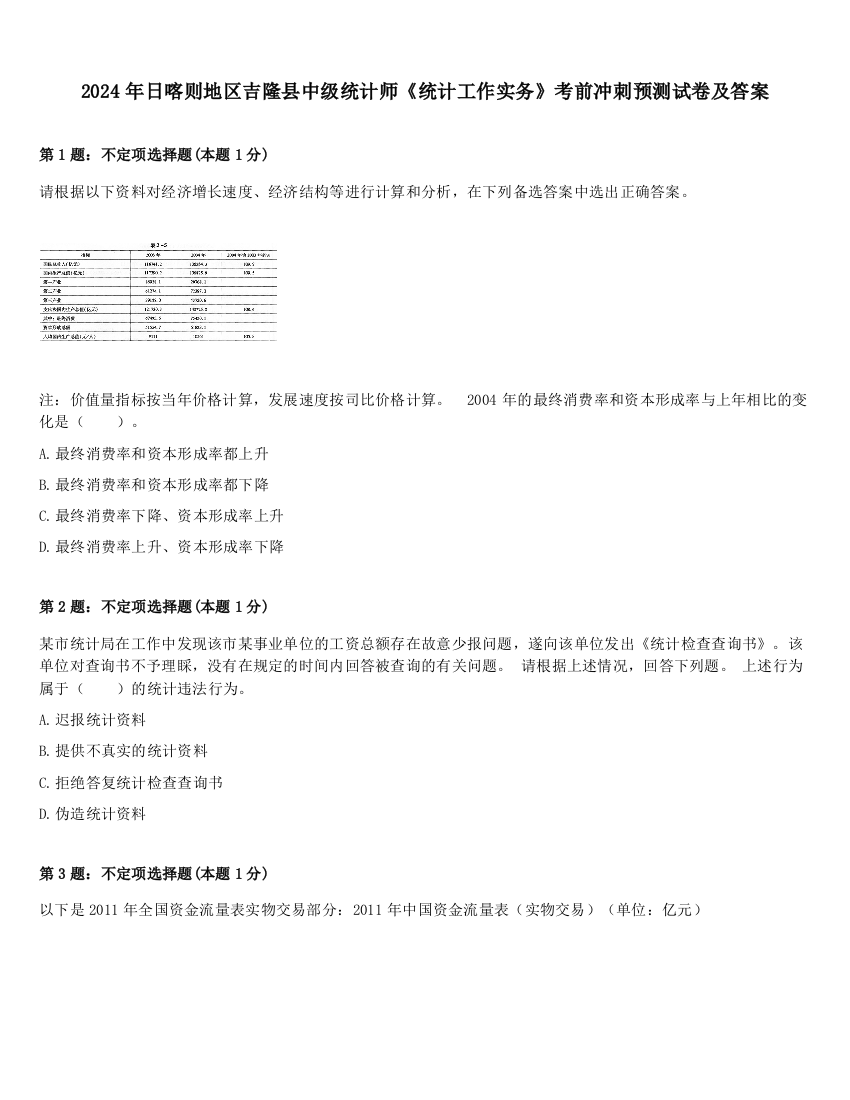 2024年日喀则地区吉隆县中级统计师《统计工作实务》考前冲刺预测试卷及答案