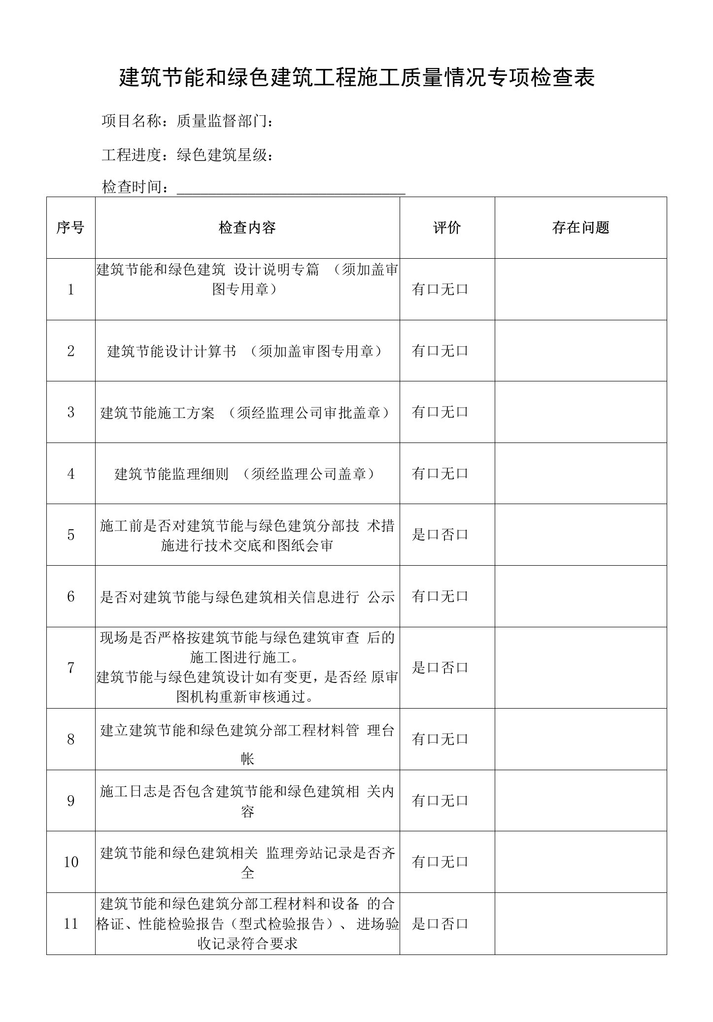 建筑节能和绿色建筑工程施工质量情况专项检查表