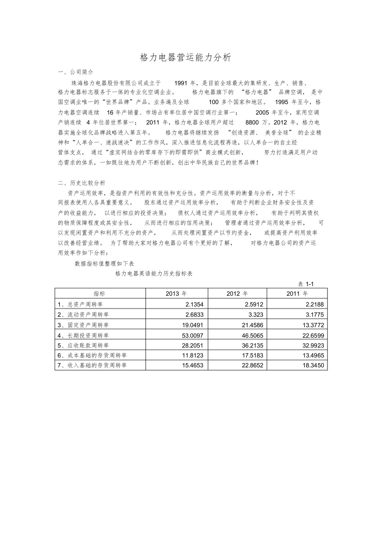 格力电器营运能力分析