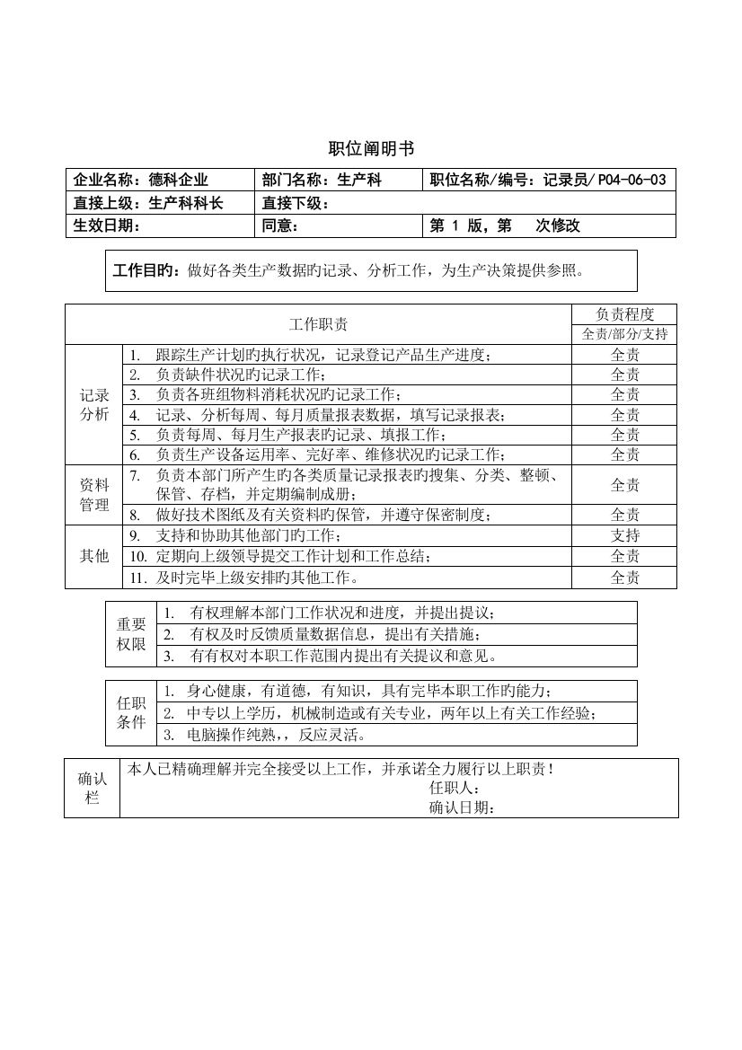 2022年职位说明书生产统计员