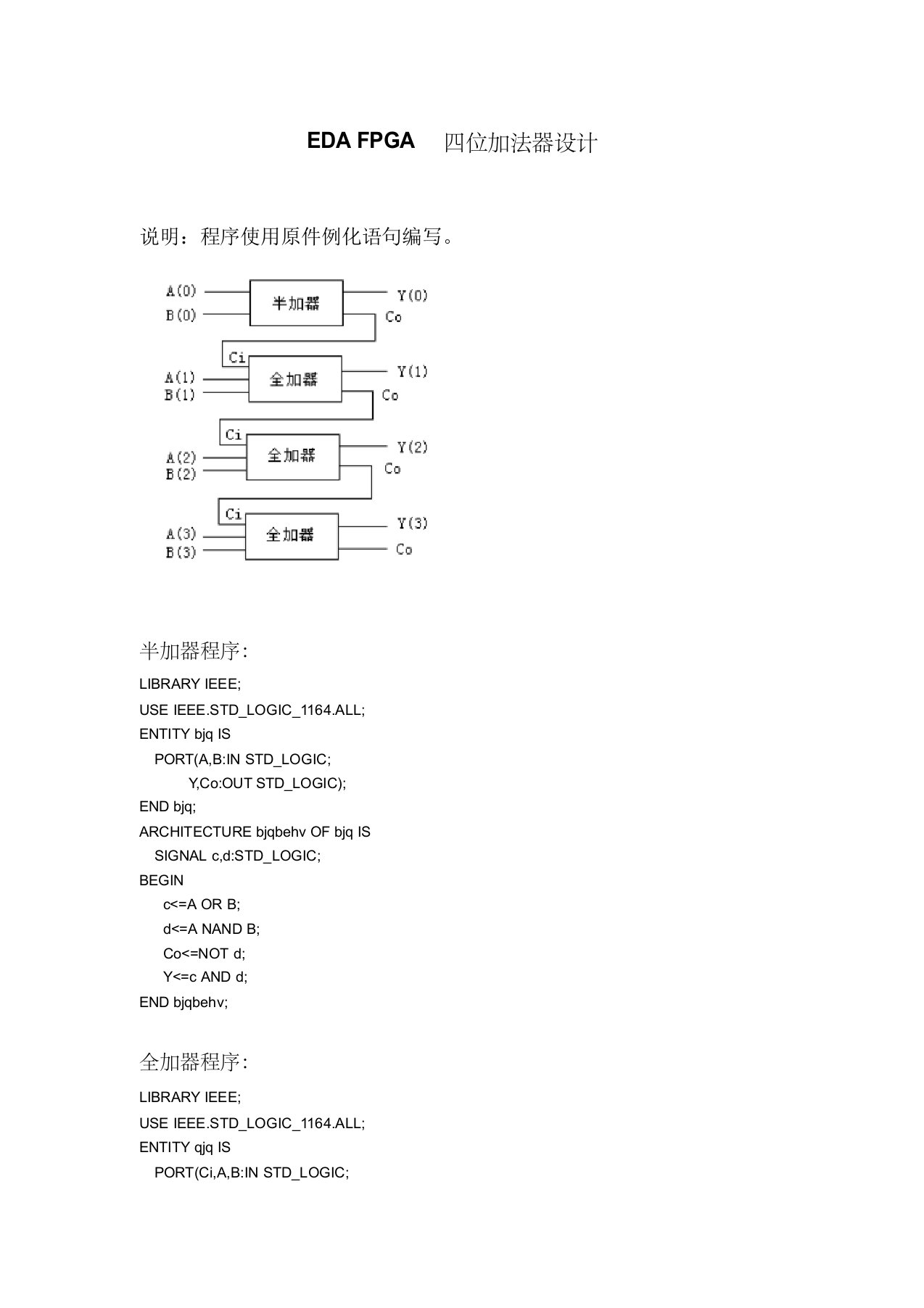 fpga设计实例四位加法器(含vhdl源程序)