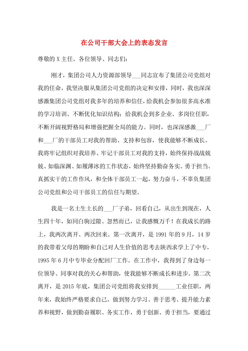 在公司干部大会上的表态发言