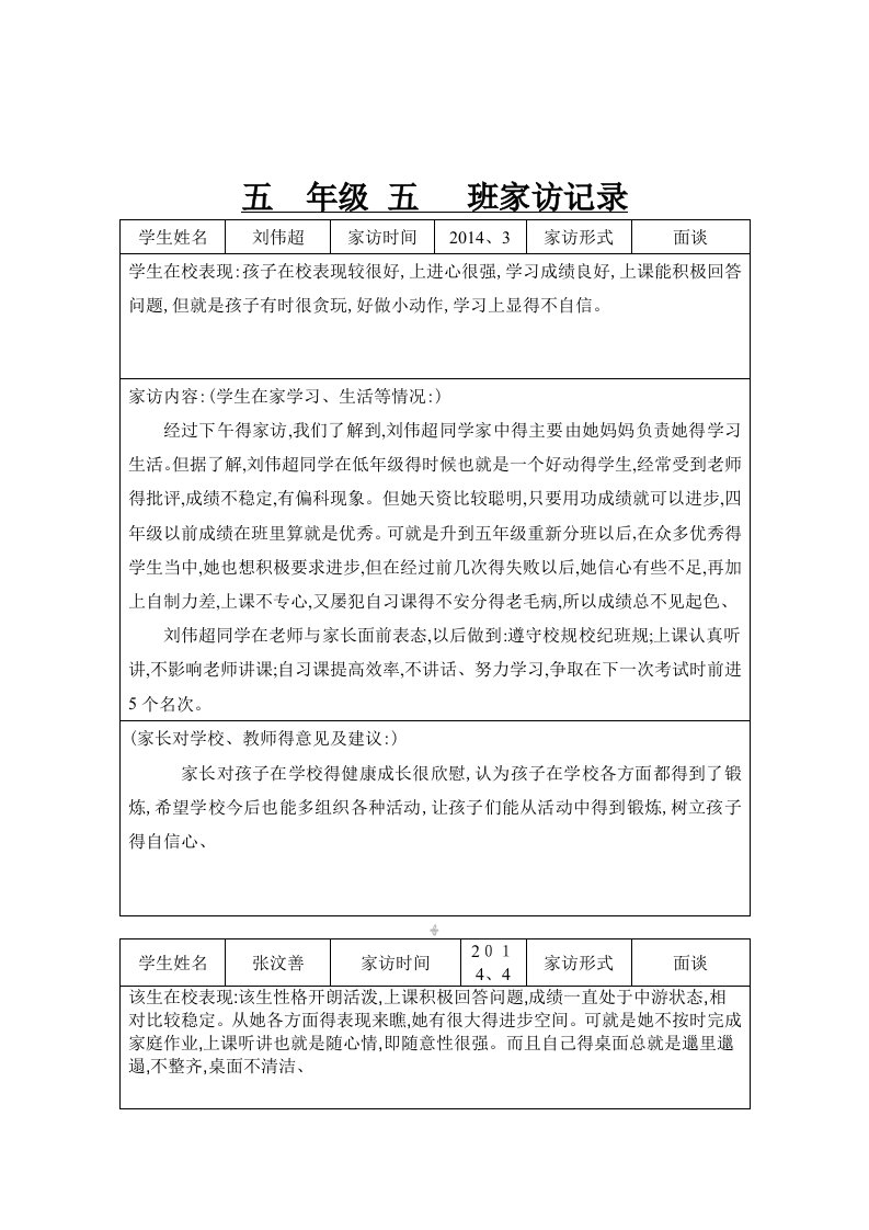 五年级小学生家访记录表