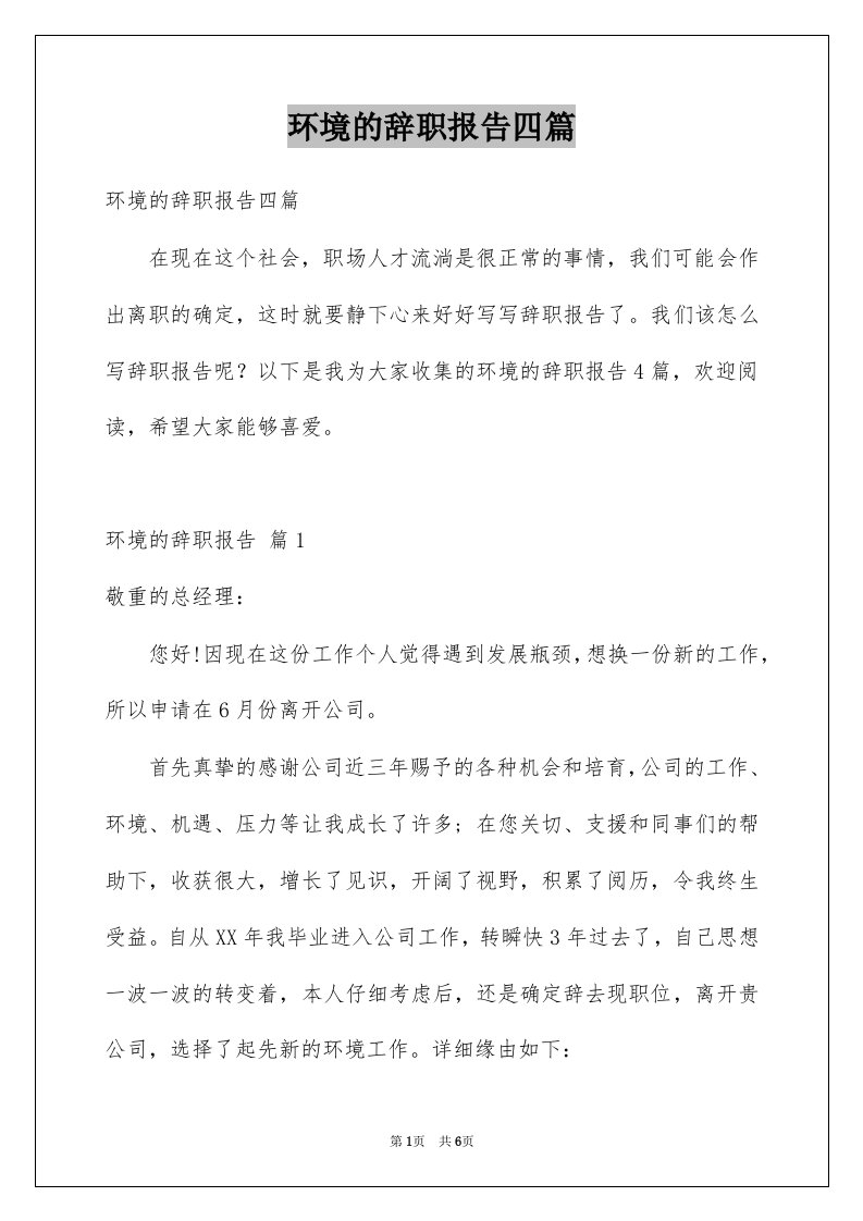 环境的辞职报告四篇例文