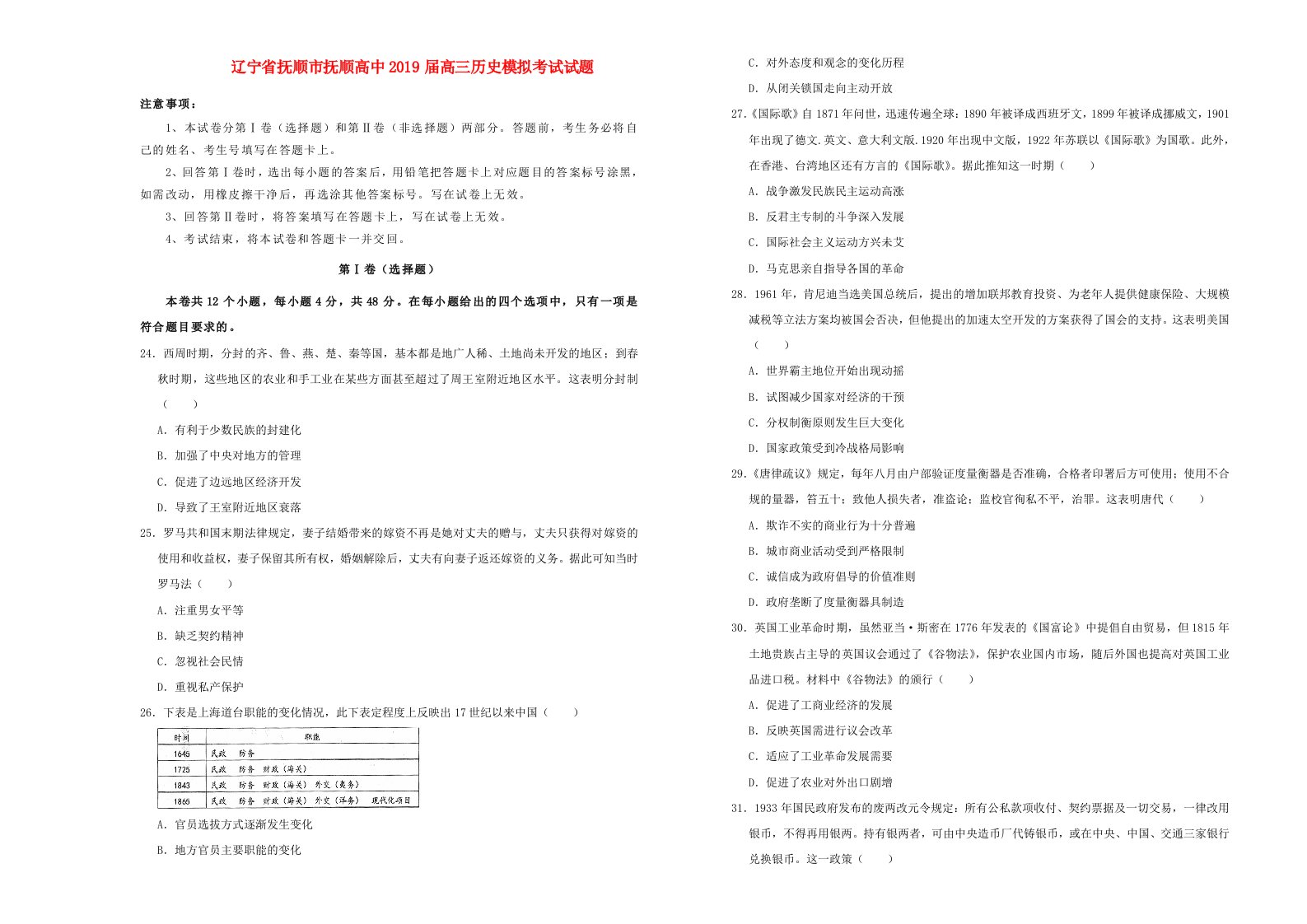 辽宁省抚顺市抚顺高中2019届高三历史模拟考试试题