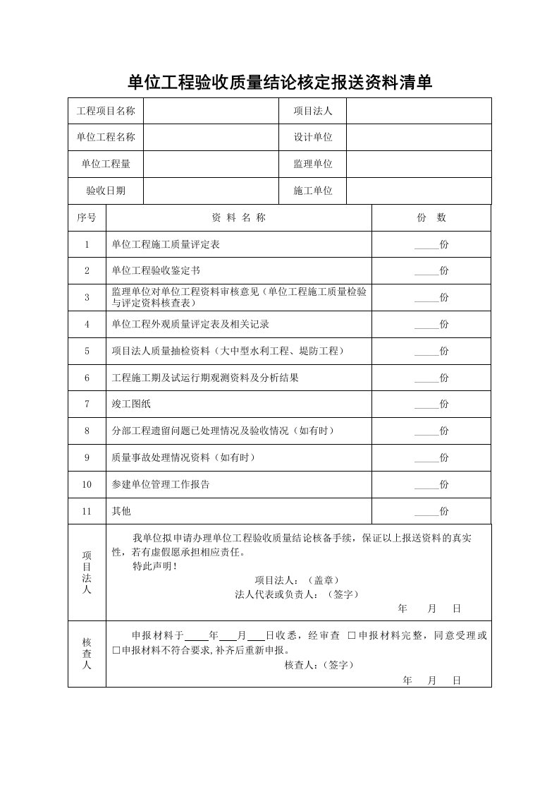 单位工程验收质量结论核定报送资料清单