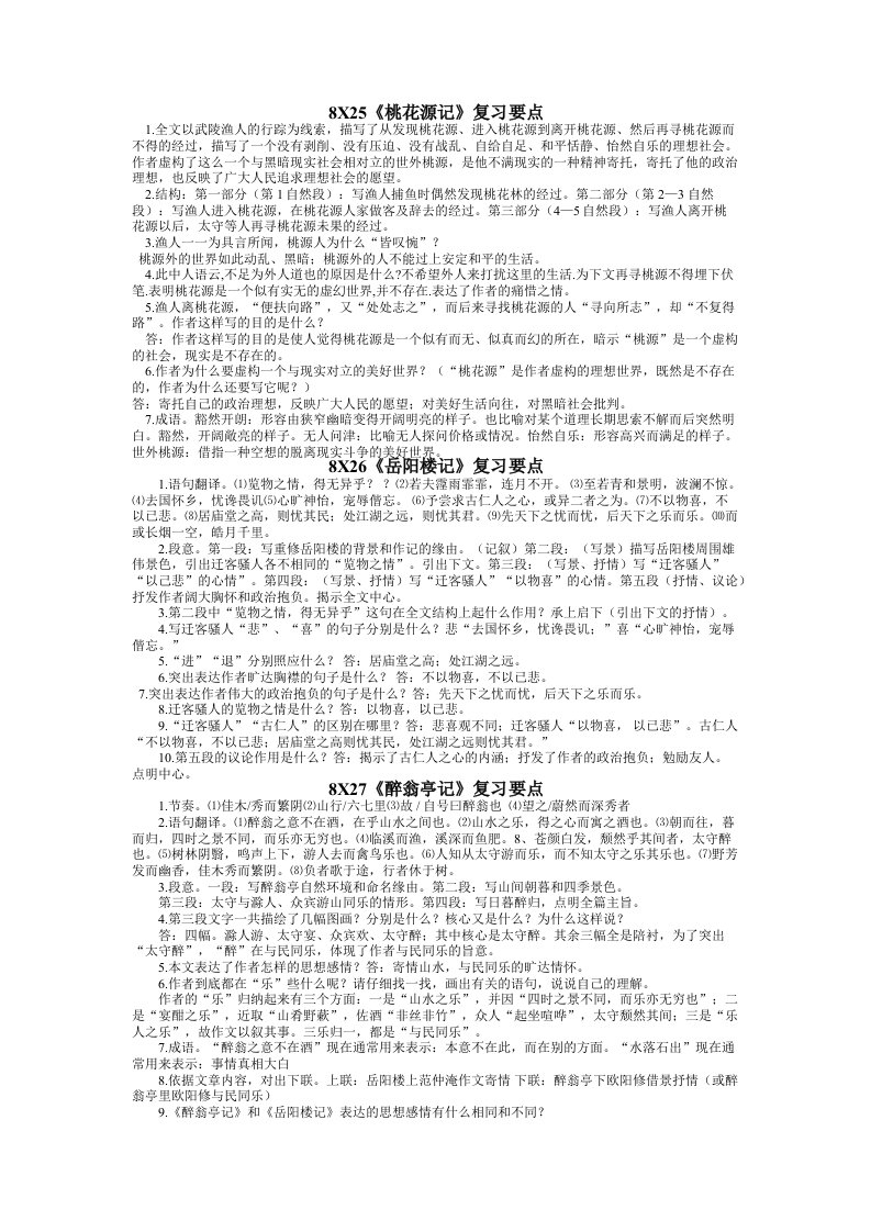 语文版八年级下重点文言文知识点归纳