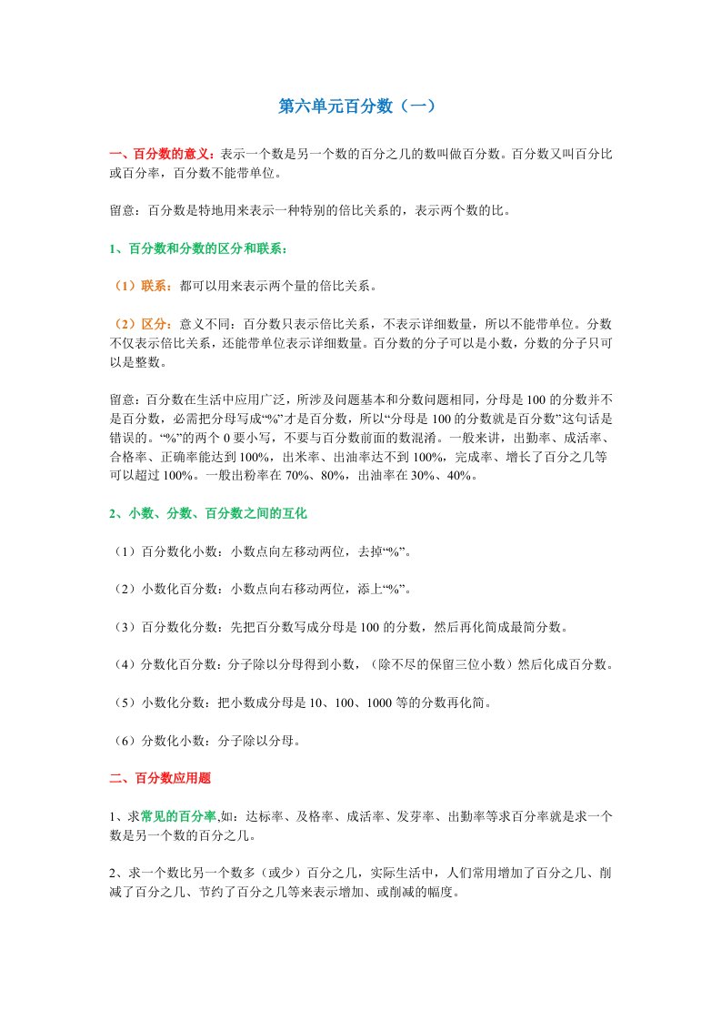 六年级上册数学百分数一知识点汇总练习题