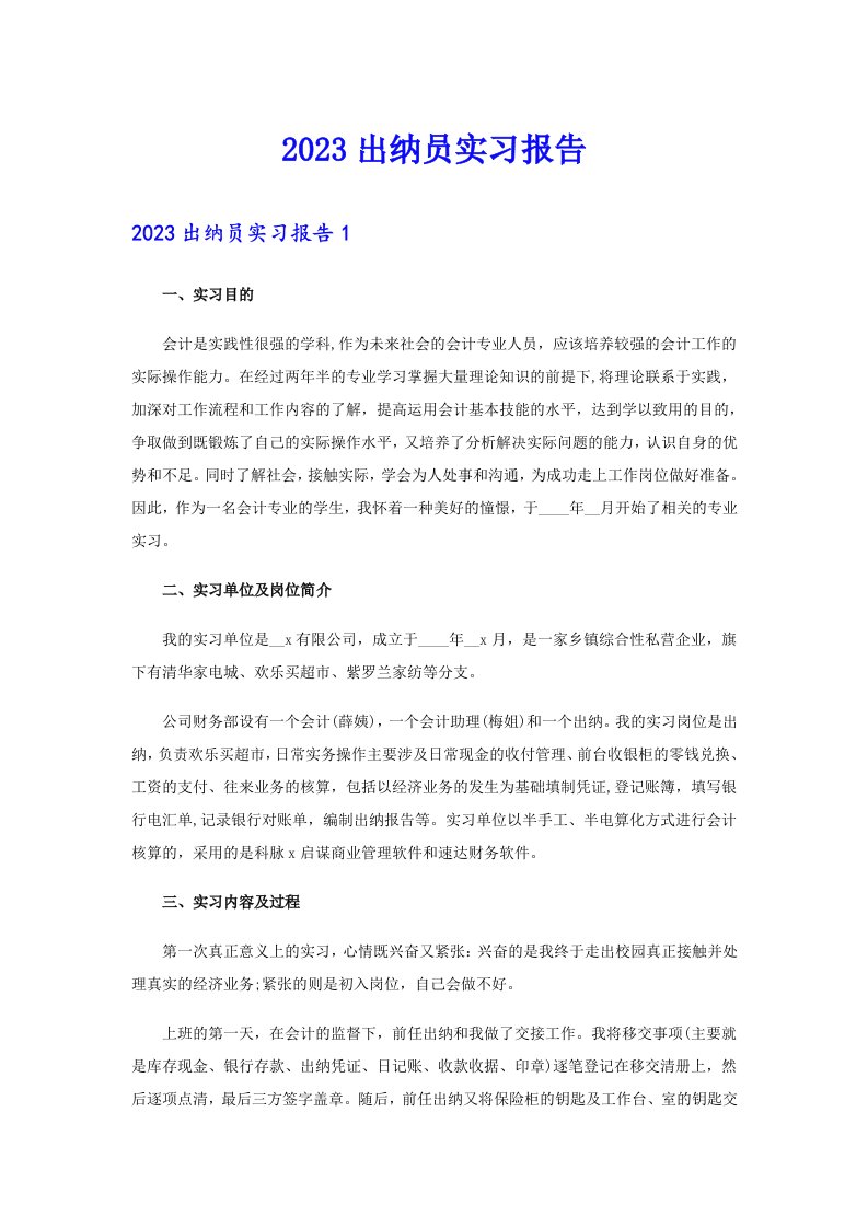 2023出纳员实习报告