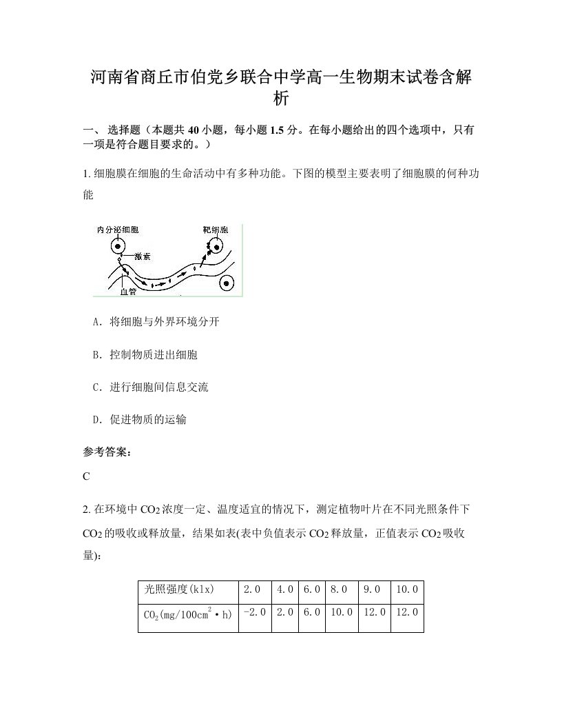 河南省商丘市伯党乡联合中学高一生物期末试卷含解析