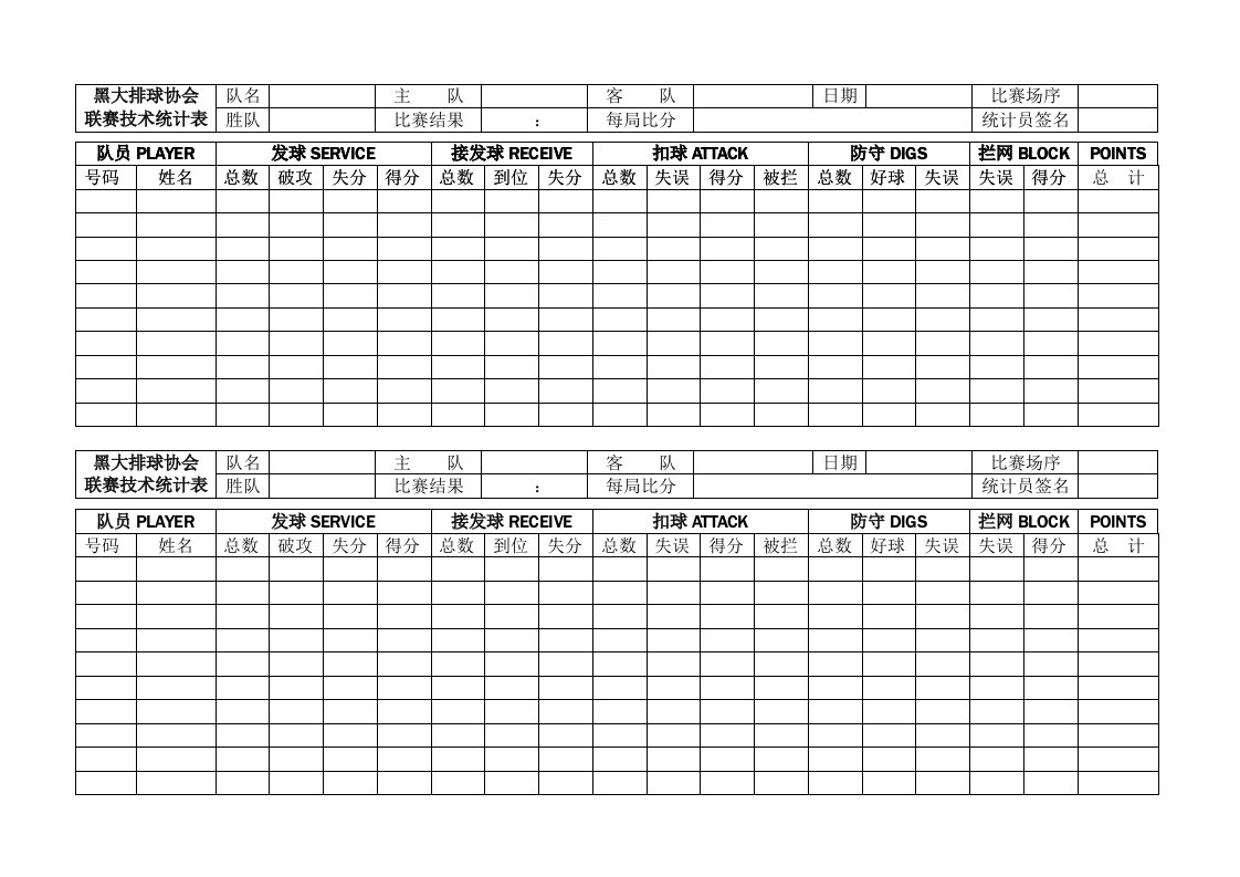 排球联赛技术统计表自制