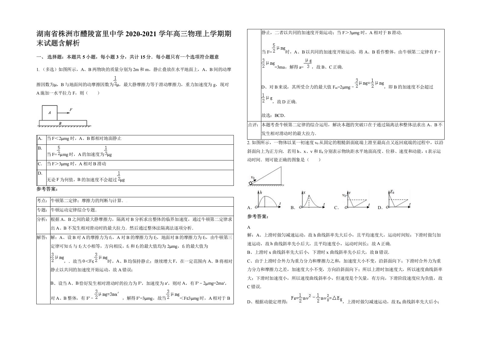 湖南省株洲市醴陵富里中学2020-2021学年高三物理上学期期末试题含解析