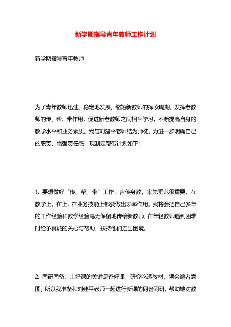 新学期指导青年教师工作计划