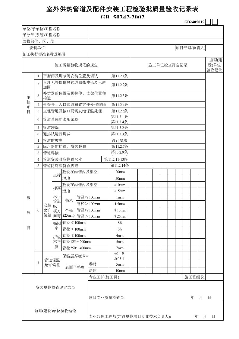 室外供热管道及配件安装工程检验批质量验收记录表