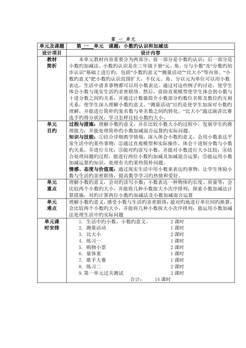 北师大小学四年级数学下册小数的认识和加减法教案表格讲解