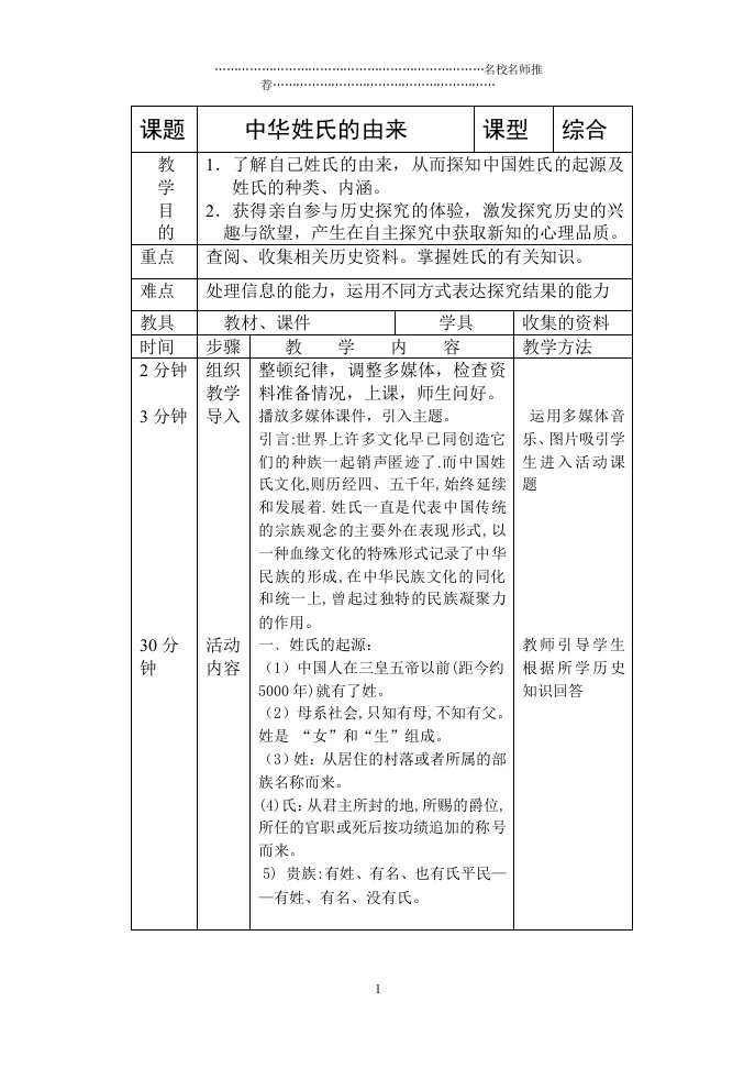 初中八年级历史中华姓氏的由来