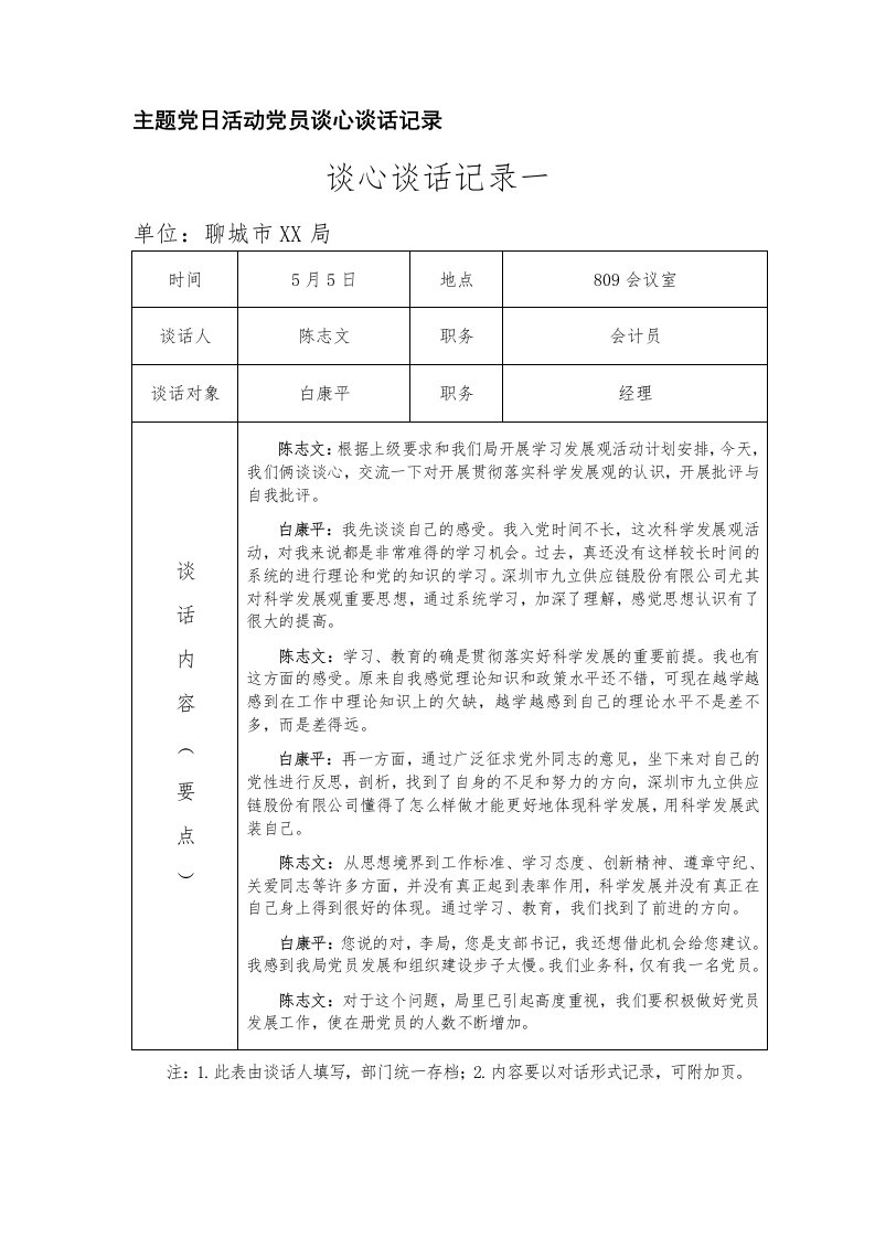 主题党日活动党员谈心谈话记录