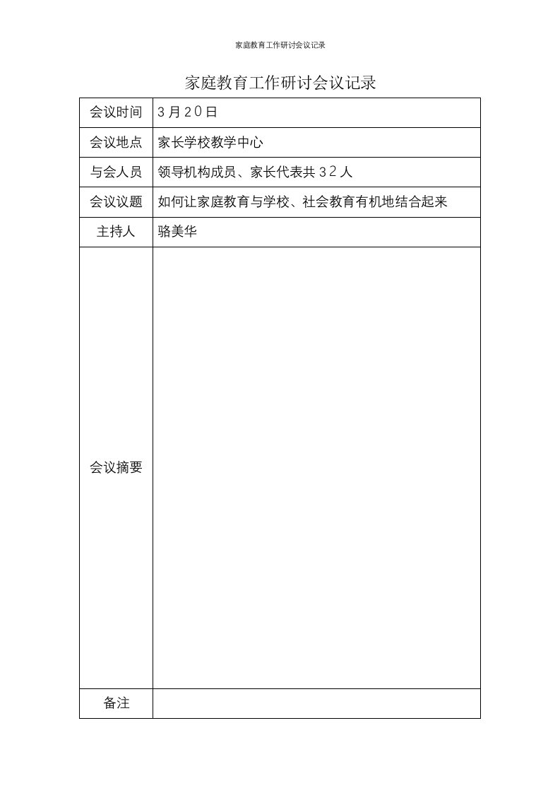 家庭教育工作研讨会议记录