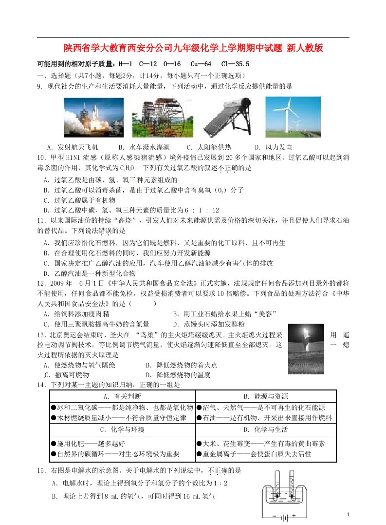 陕西省学大教育西安分公司九级化学上学期期中试题