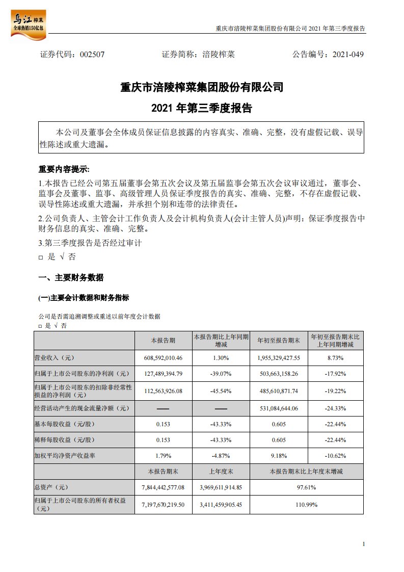 深交所-涪陵榨菜：2021年第三季度报告-20211030