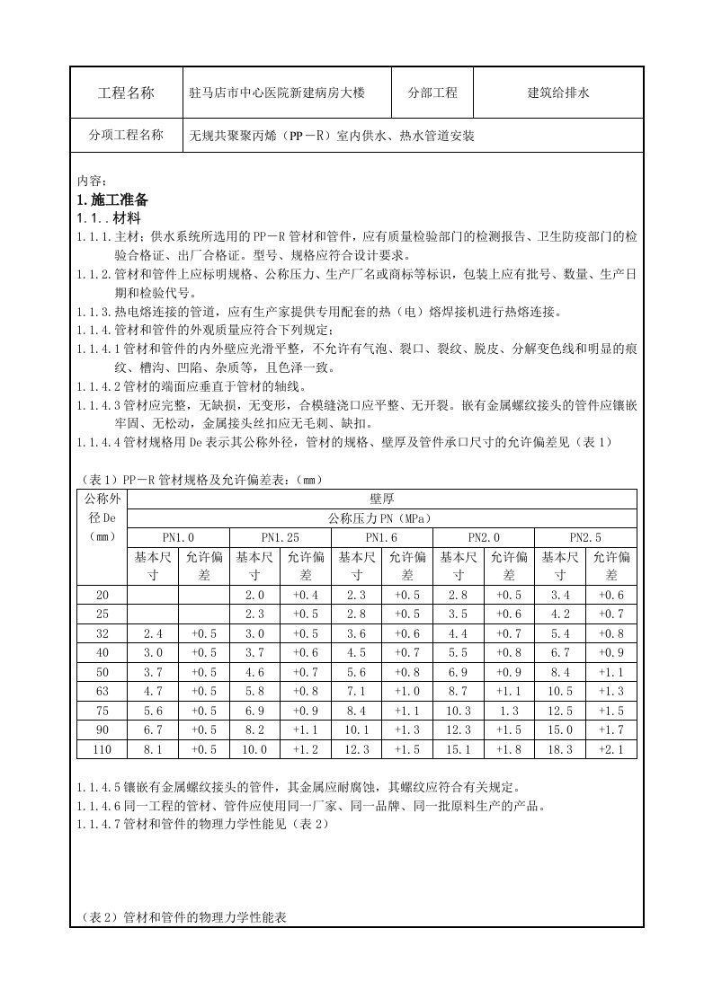 医院大楼给水聚丙烯PPR管道安装技术交底