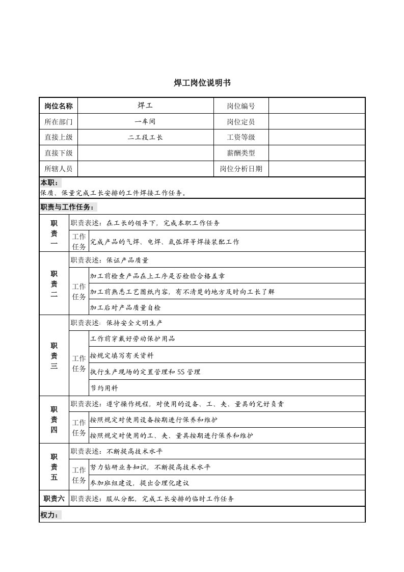 精选焊工岗位说明书