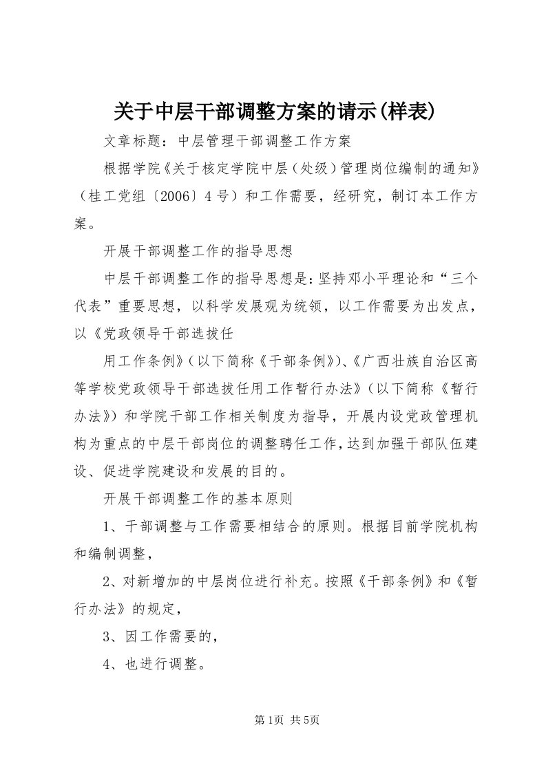 3关于中层干部调整方案的请示(样表)