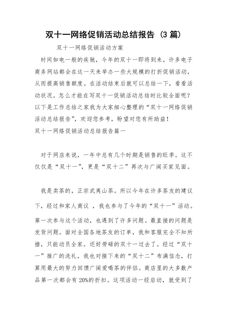 双十一网络促销活动总结报告