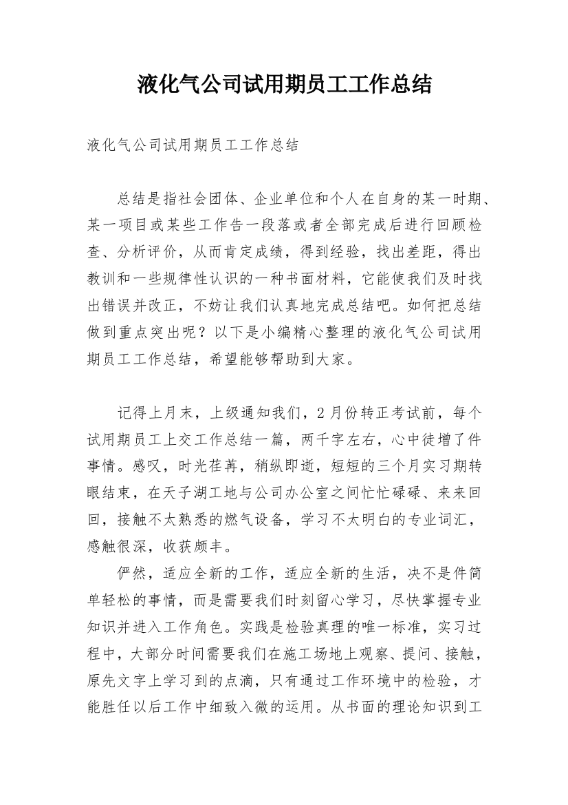 液化气公司试用期员工工作总结