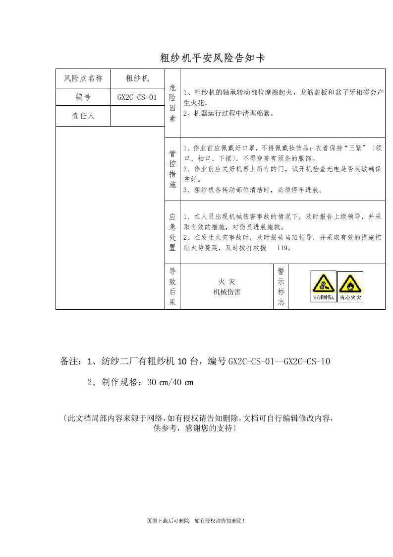 粗纱机安全风险告知卡