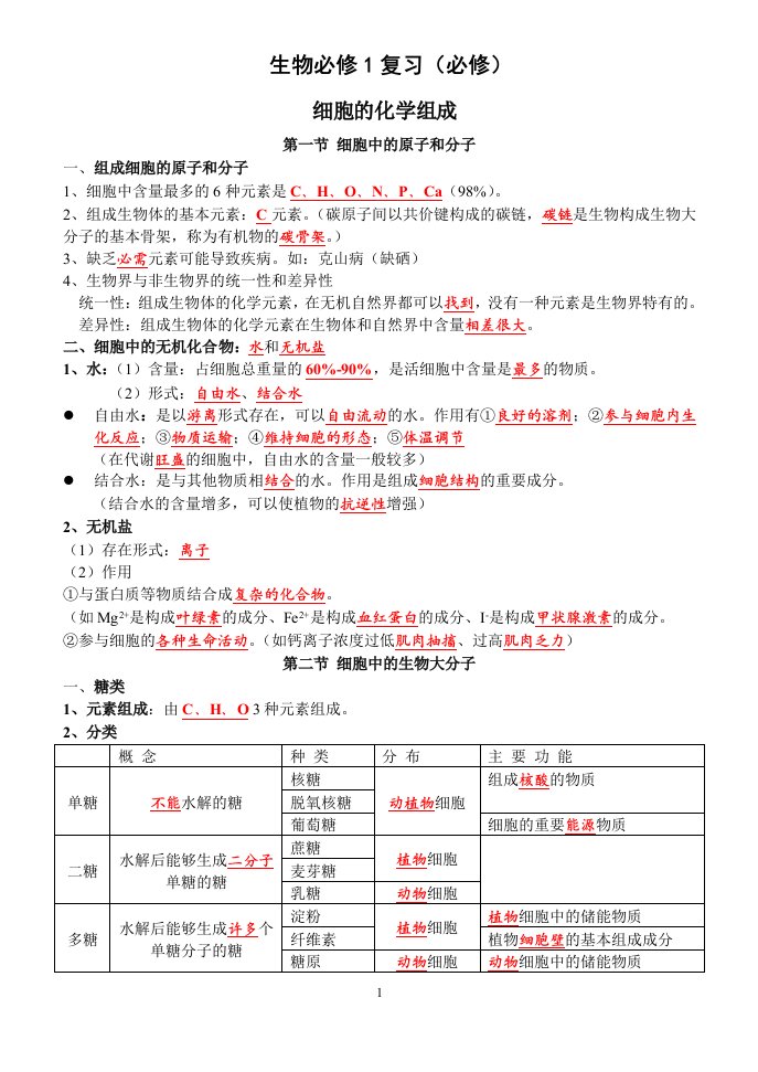 高中生物必修1至3复习教案