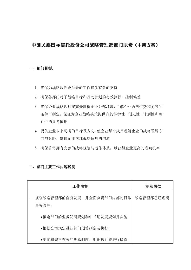 中国民族国际信托投资公司战略管理部部门职责