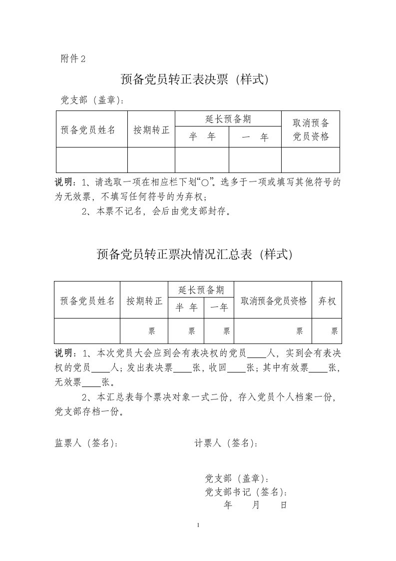 预备党员转正表决票(样式)