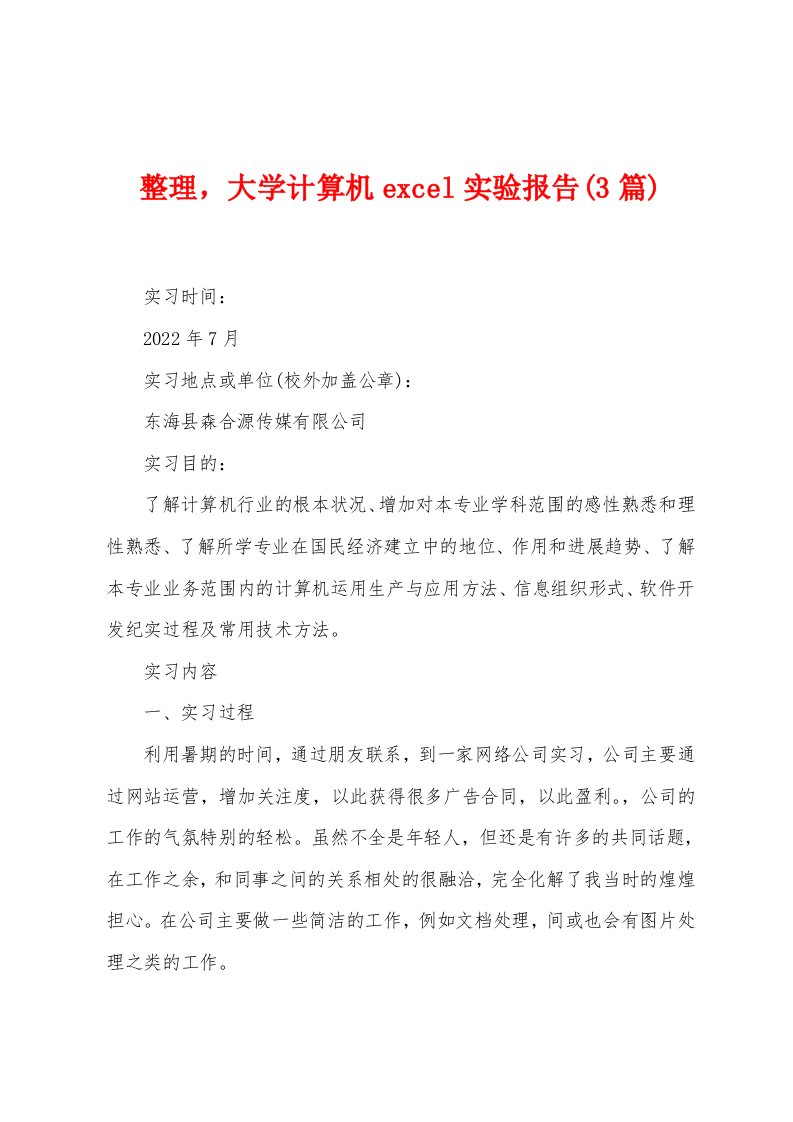 整理，大学计算机excel实验报告(3篇)