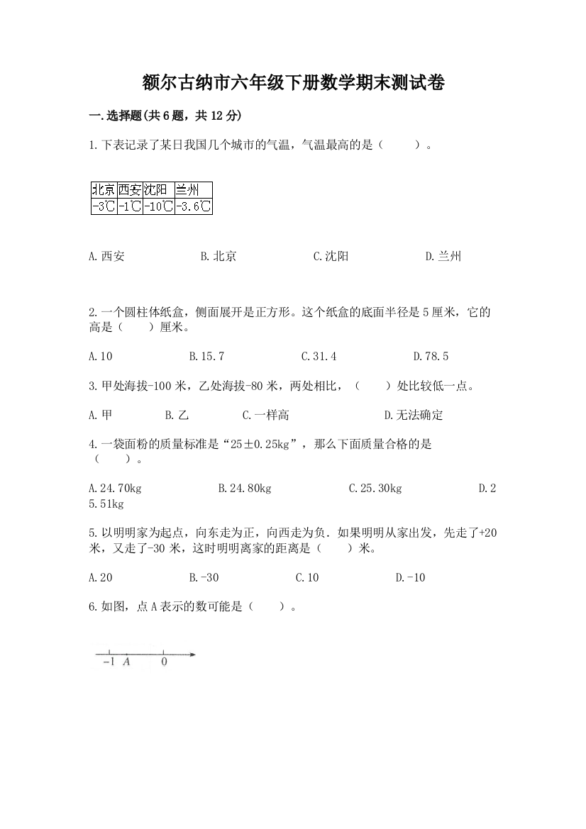 额尔古纳市六年级下册数学期末测试卷学生专用