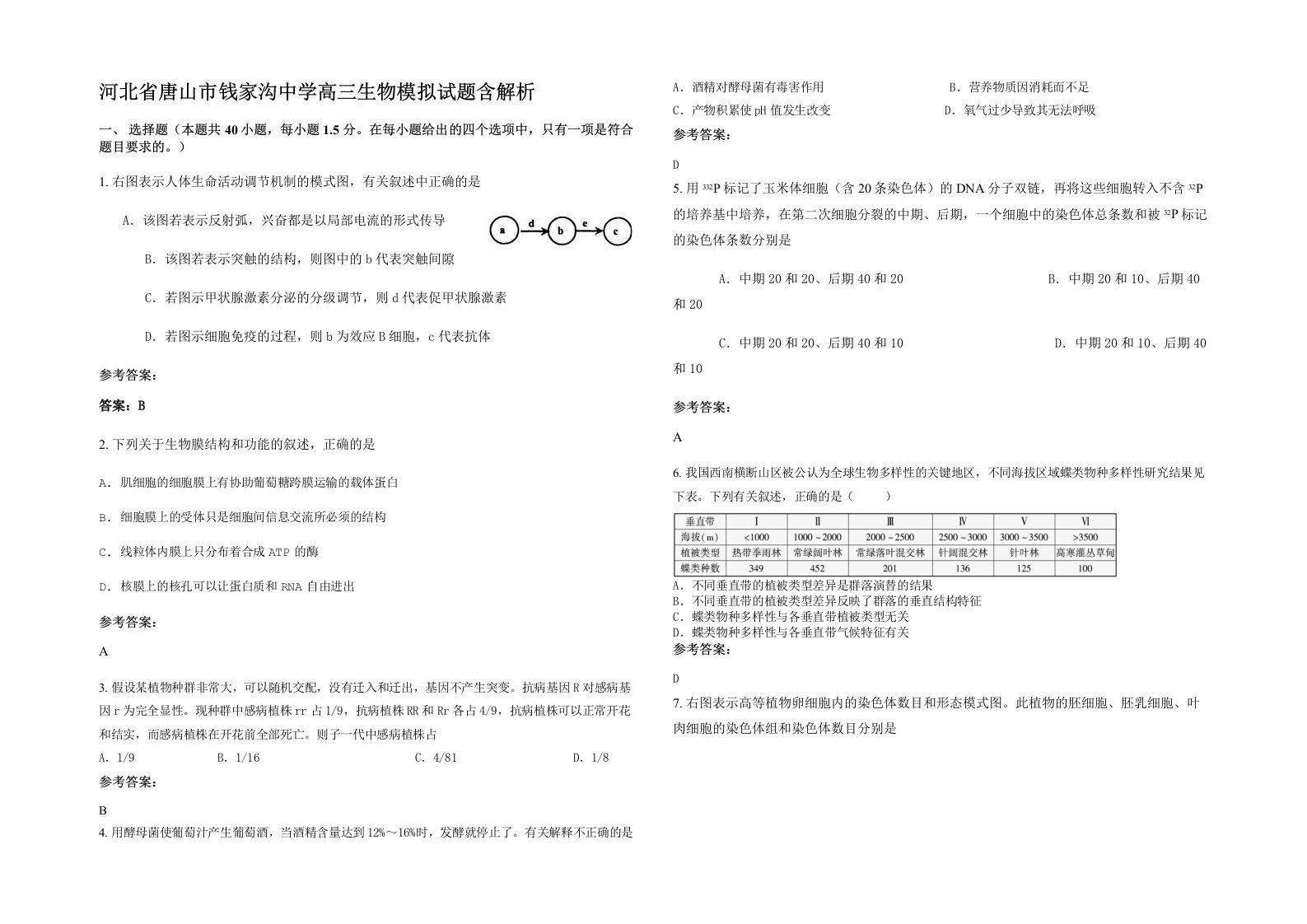 河北省唐山市钱家沟中学高三生物模拟试题含解析