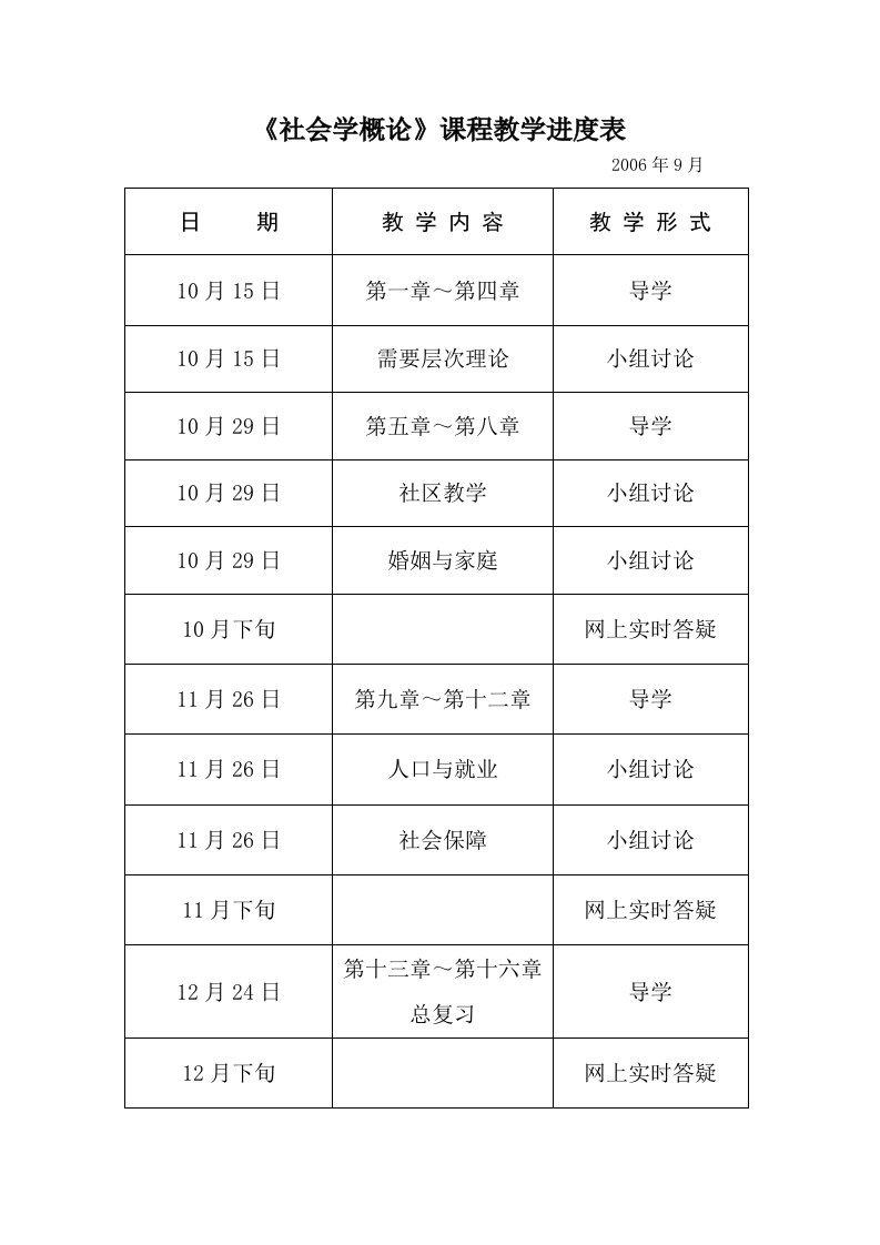 社会学概论课程教学进度表