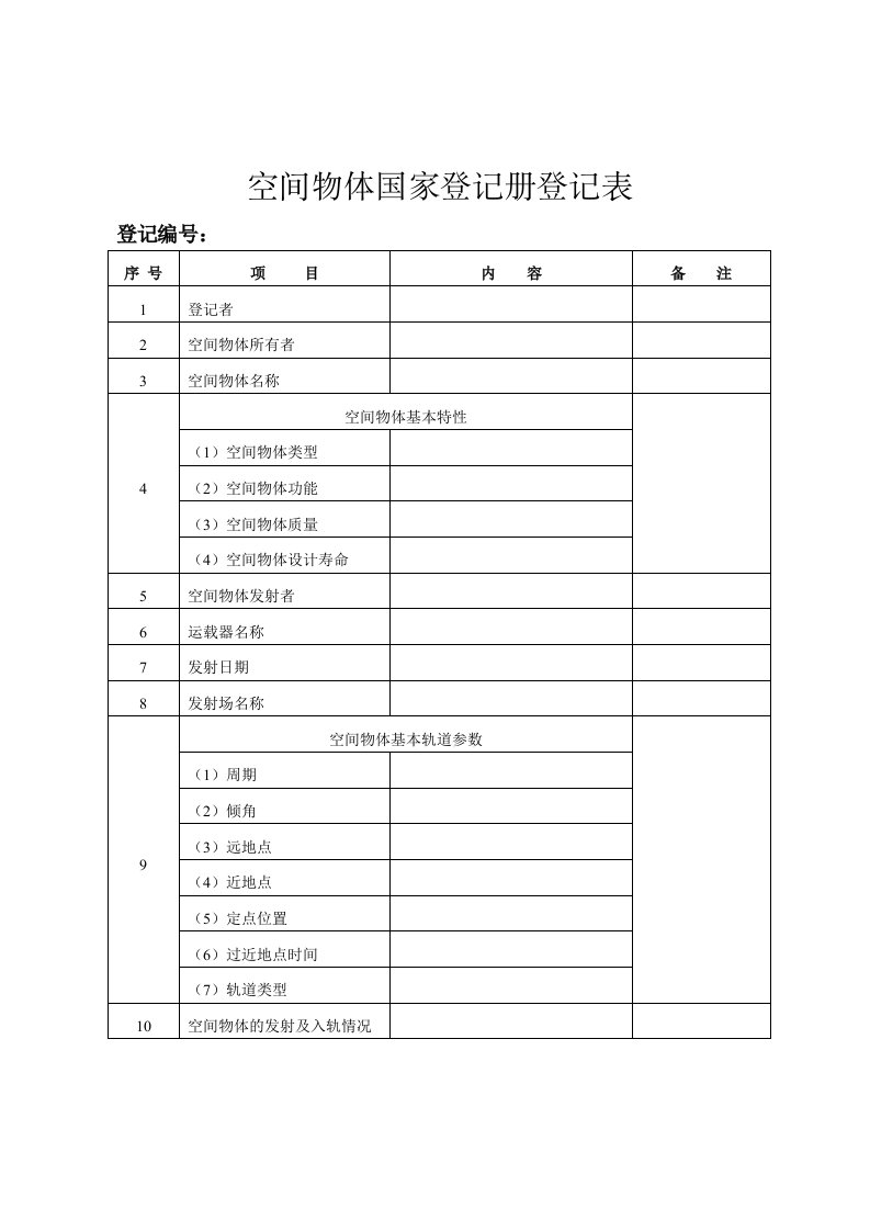 空间物体国家登记册登记表