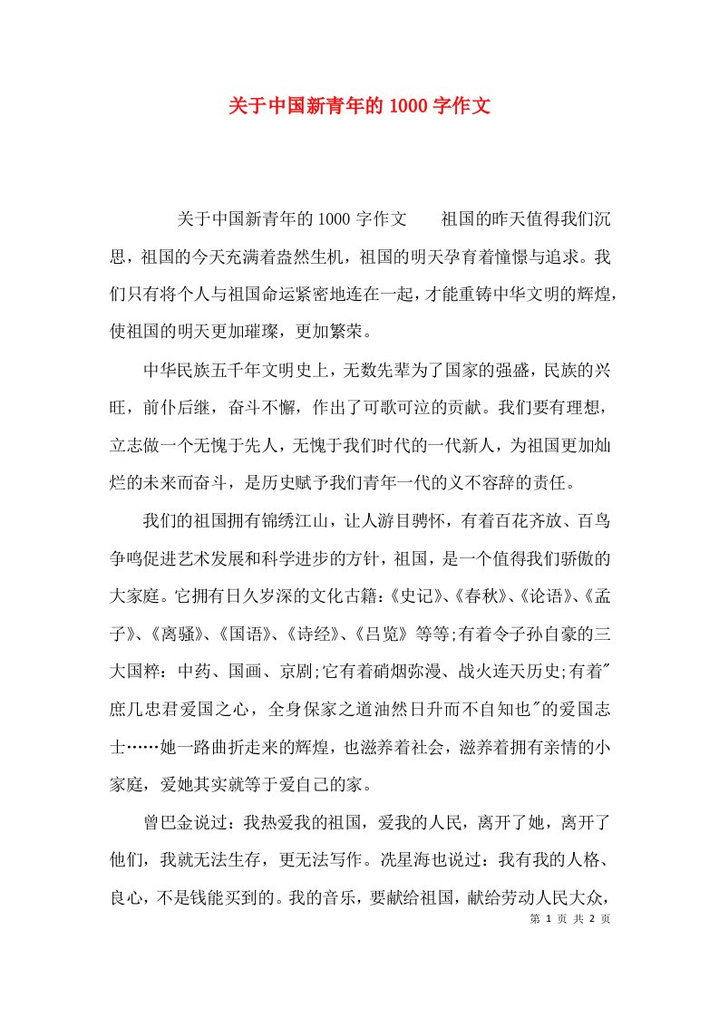 关于中国新青年的1000字作文