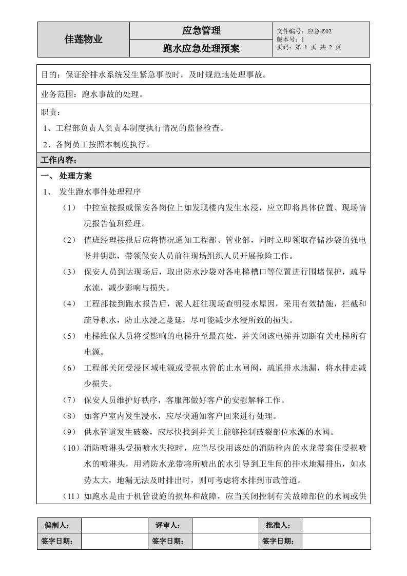 Z02跑水应急处理预案