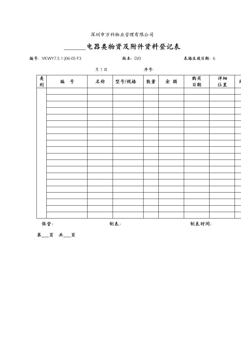 电器类物资及资料统计表样本