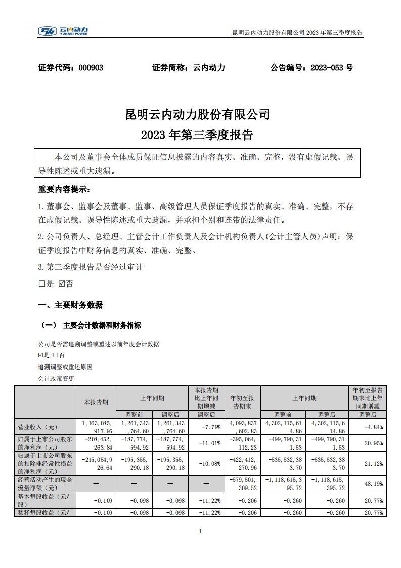 深交所-云内动力：2023年三季度报告-20231028