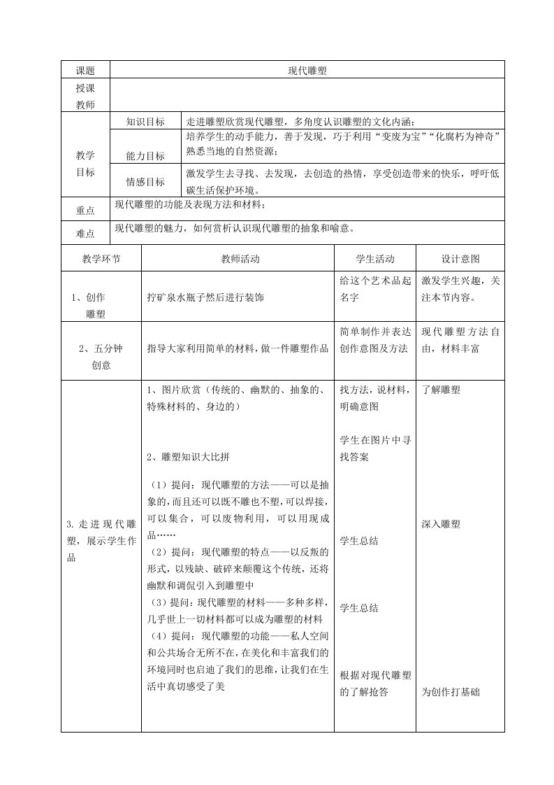 九年级美术下册4别开生面的现代雕塑教案冀美版