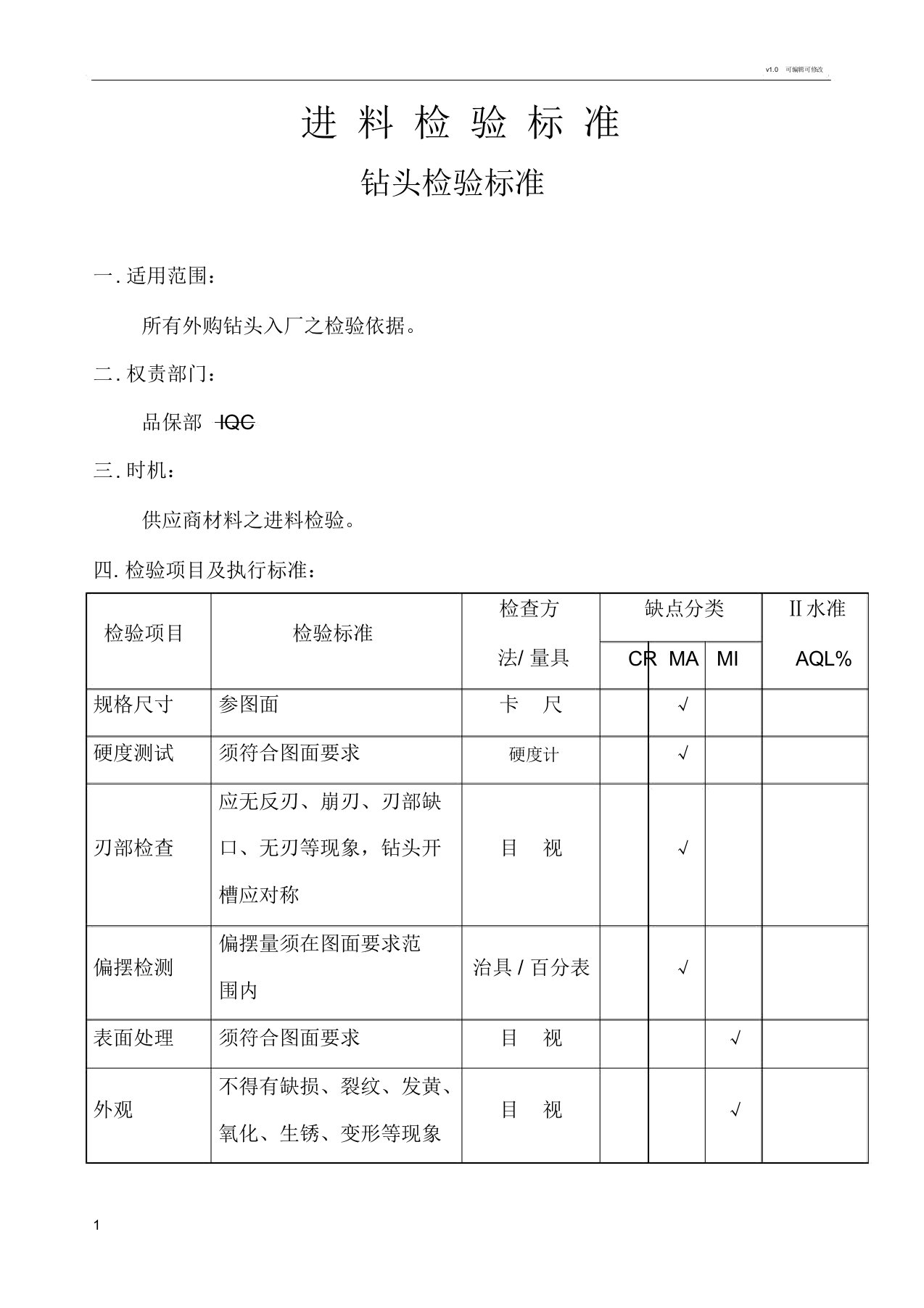 钻头检验标准